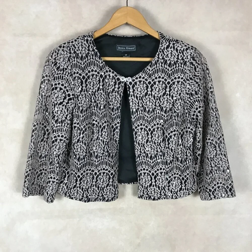 JESSICA HOWARD Tan/Black Lace Shrug Cardigan, 12P